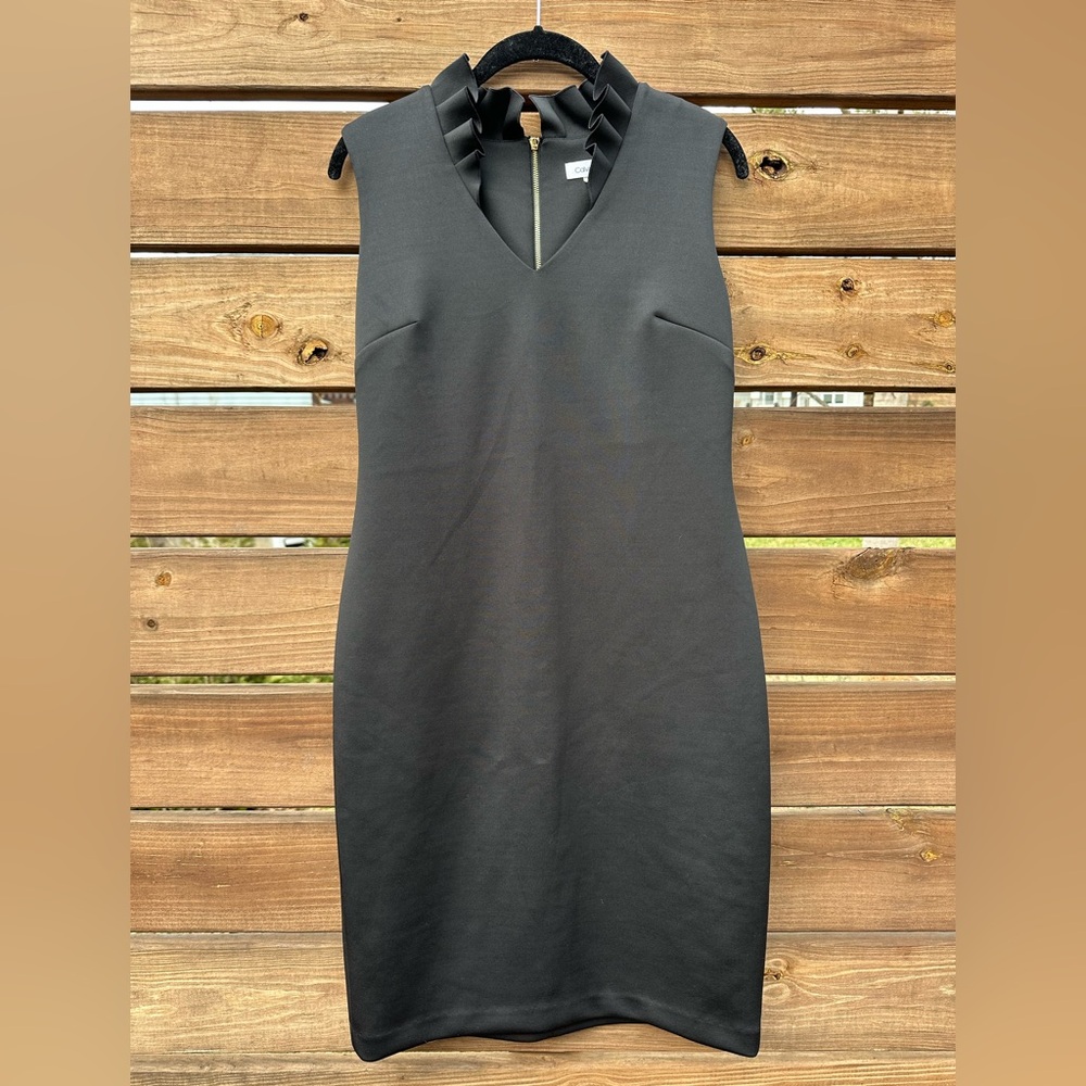 Calvin Klein Black Ruffle Neck Midi Cocktail Dress